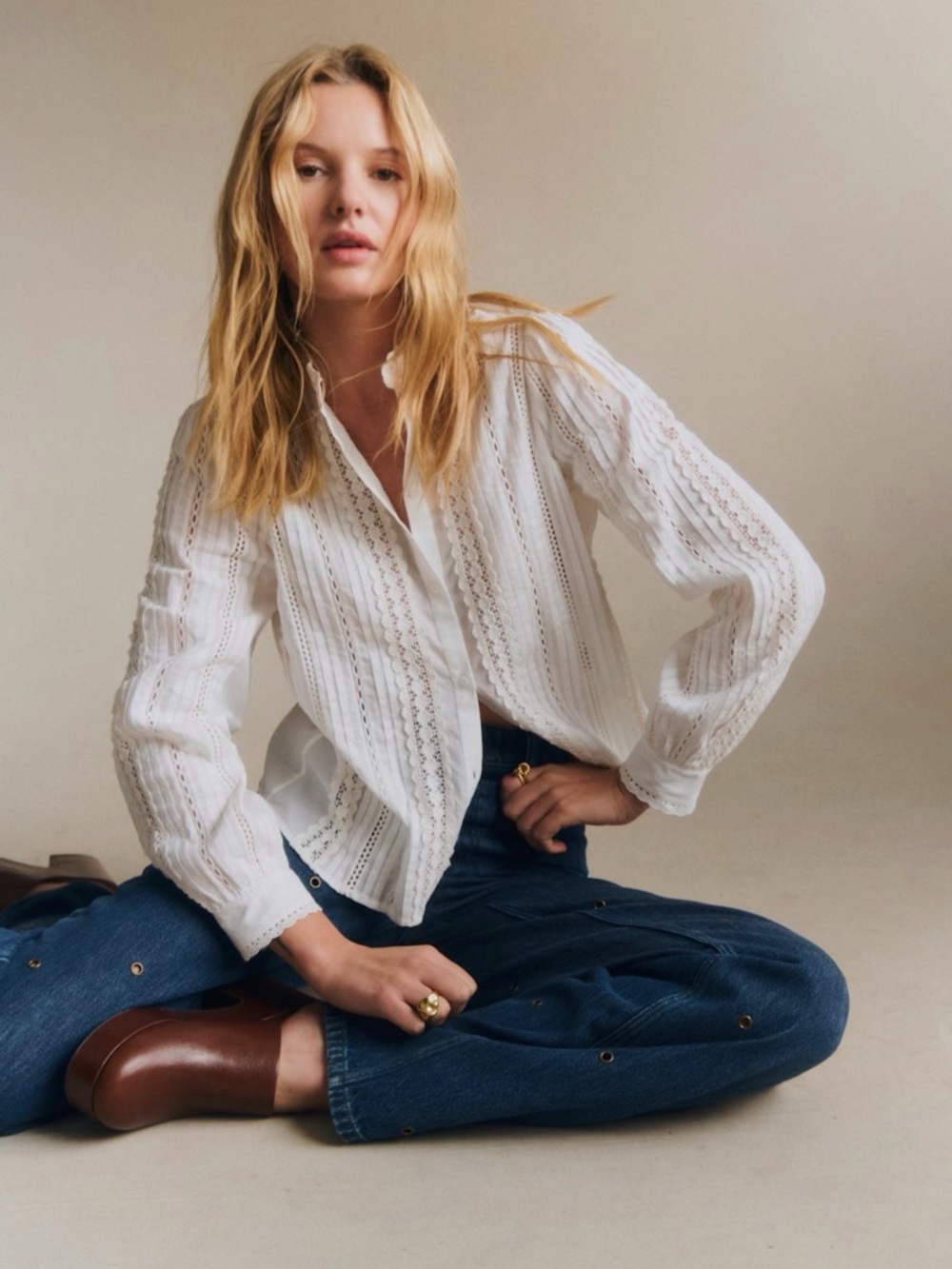 Sézane White Eyelet Button-Down Shirt